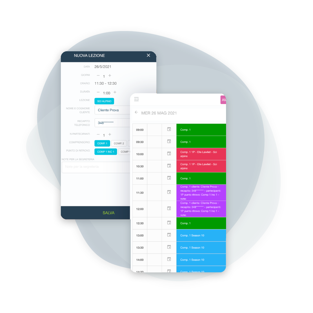 Inserimento dati cliente e dettagli lezione dall’app del maestro